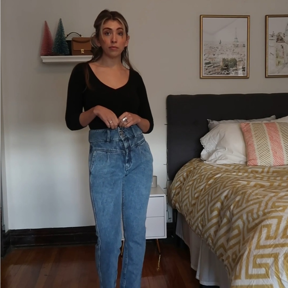 Sezane Sidney | High Waisted Straight Leg Jeans Button Detail Blue Denim - Picture 2 of 5